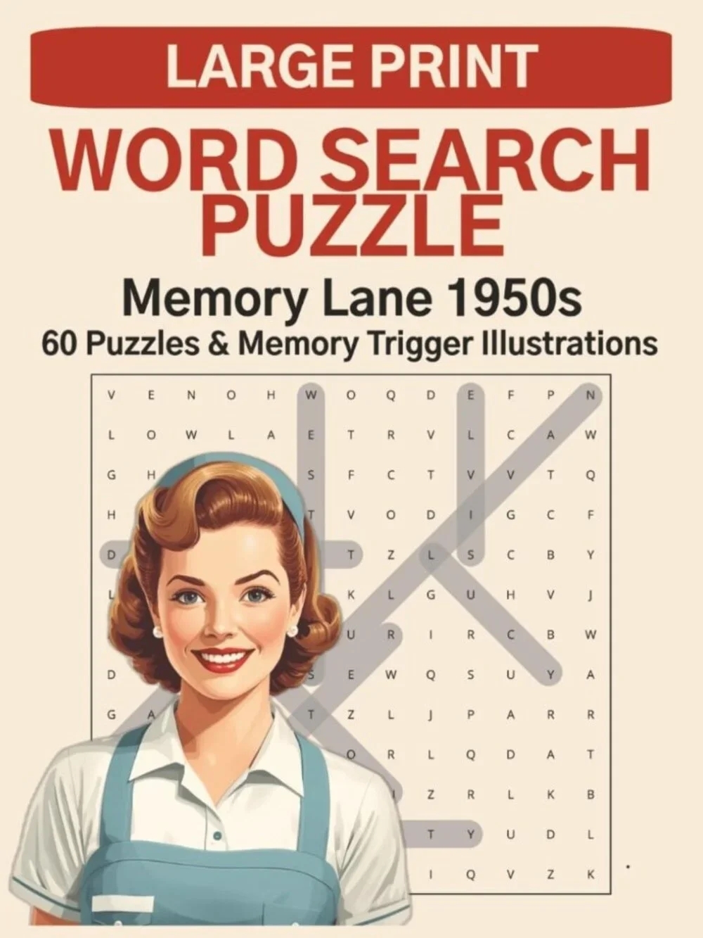 Vintage 1950s Word Search Puzzle & Coloring Book for Adults - 60 Nostalgic Pages